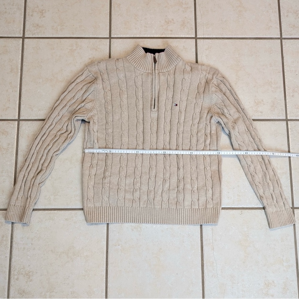 Size L Tommy Hilfiger 100% Cotton Y2K Vintage Cream Chunky Knit Quarter Zip - Picture 8 of 15